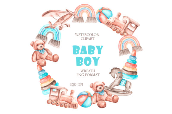 Baby Boy Watercolor Wreath. Illustrations