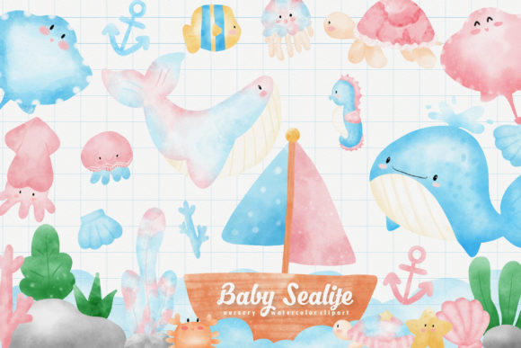 Baby Sea Life Nursery Watercolor Clipart and Illustrations