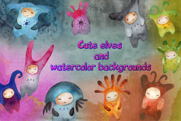 Cute Elves, Watercolor Backgrounds Illustrations