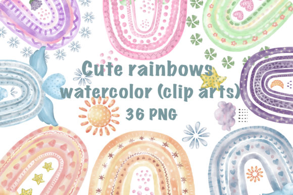 Cute Rainbow Watercolor Clip Art and Illustrations