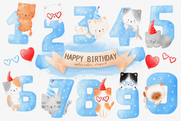 Happy Birthday Cat Number Watercolor Set Illustrations