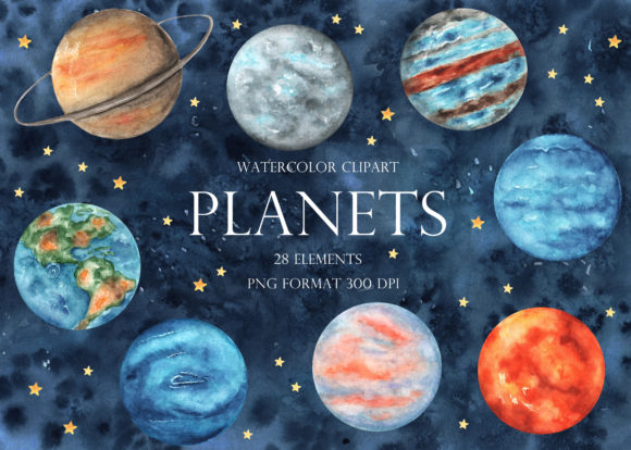 Planets Watercolor Clipart. Solar System Illustrations