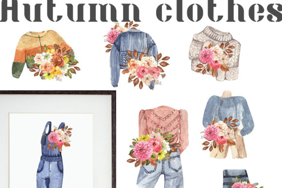 Watercolor Autumn Clothes with Flowers Illustrations