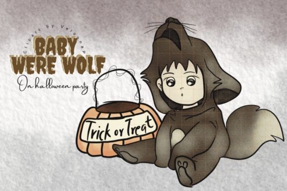 Watercolor Baby Werewolf on Halloween Illustrations