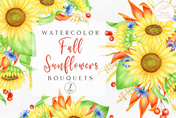 Watercolor Fall Sunflower Bouquets PNG and Illustrations