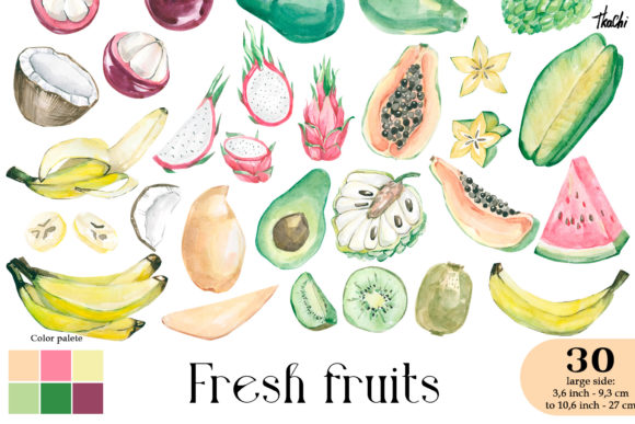 Watercolor Fresh Organic Fruits Clipart and Illustrations