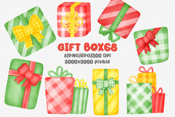 Watercolor Gift Boxes Clipart and Illustrations