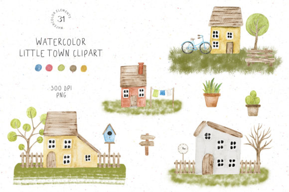 Watercolor Little Town Clipart and Illustrations