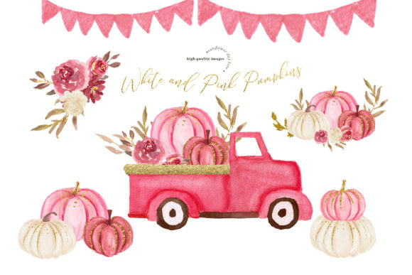 Watercolor Pink Pick Up Truck Vintage Illustrations