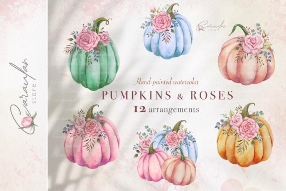 Watercolor Pumpkins Arrangement Clipart and Illustrations