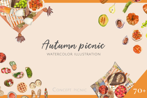 Watercolor Set Autumn Picnic Png 70 Illustrations