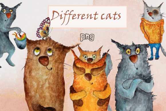 Watercolor Set of Different Cats and Illustrations