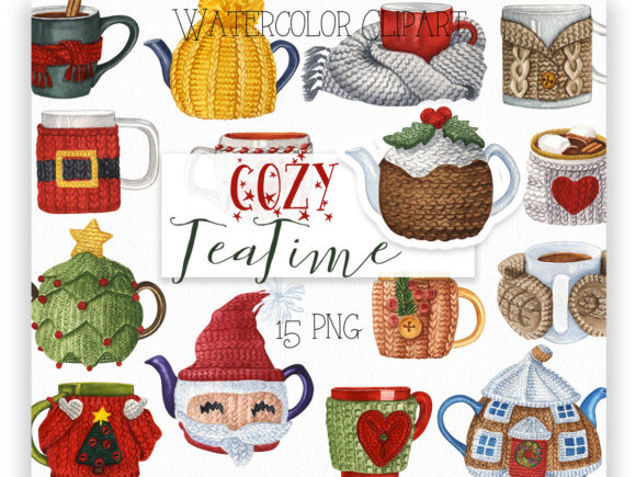 Watercolor Winter Cozy Teatime Clipart and Illustrations
