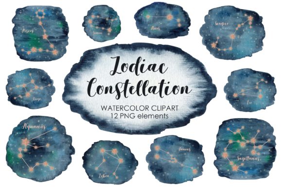 Watercolor Zodiac Clipart. Constellation Illustrations