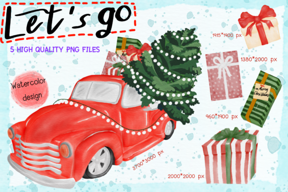 Xmas Vintage Truck Watercolor Clipart and Illustrations