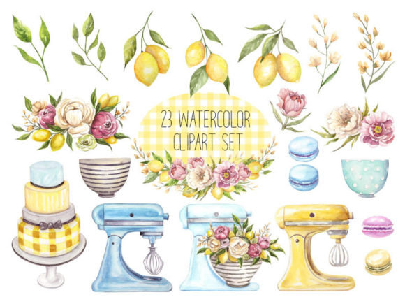 Yellow and Blue Bakery Watercolor Clipar Illustrations